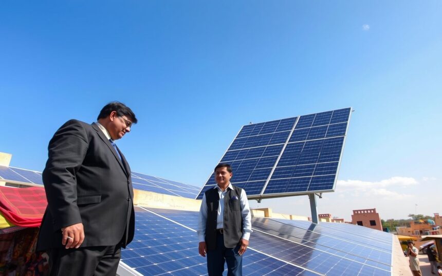 {"prompt":"A grand solar array sprawls across the rooftops of a municipal edifice in Kutch, India, reflecting the brilliant sunlight against the azure heavens. Officials clad in formal attire meticulously examine the cutting-edge technology, their focused expressions revealing a commitment to sustainable energy. In the backdrop, the charm of a lively small town is palpable; vibrant market stalls with colorful fabrics flutter in the gentle breeze, and the laughter of children echoes through the warm air. The scene is infused with a sense of progress and community spirit, underlined by the bright clarity of the day, creating an uplifting atmosphere of hope and innovation.nnA massive solar installation on a municipal building in Kutch, Indian officials inspecting the site, with a clear sky and a bustling small-town vibe in the background.","originalPrompt":"A massive solar installation on a municipal building in Kutch, Indian officials inspecting the site, with a clear sky and a bustling small-town vibe in the background.","width":1704,"height":960,"seed":521095,"model":"flux","enhance":true,"nologo":true,"negative_prompt":"worst quality, blurry","nofeed":false,"safe":true,"isMature":false,"isChild":false}
