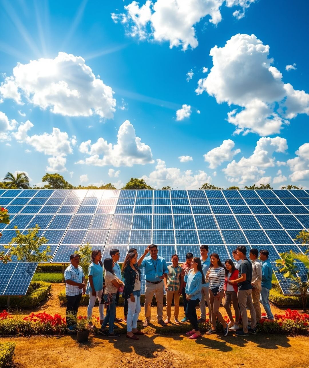60KW_solar_installation_at_Friends_Group_Gandhidham_v1 {"prompt":"Visualize a vibrant scene showcasing a sprawling expanse of solar panels installed at the Friends Group facility in Gandhidham. The solar installation gleams under the bright midday sun, reflecting shades of deep azure and bright silver. Surrounding the installation are lush greenery and well-maintained gardens that contrast beautifully with the modernity of the solar setup. The sky is a brilliant cobalt, dotted with fluffy white clouds, wrapping the scene in a serene atmosphere. nnIn the foreground, a diverse group of enthusiastic individuals, representing the Friends Group, are gathered, discussing the benefits and potential of renewable energy, radiating optimism and collaboration. Golden sunlight cascades over them, casting gentle shadows and highlighting their joyful expressions. This is not just a solar power installation; it's a vibrant community hub, focusing on sustainability and innovation, nestled within the energetic spirit of Gandhidham. The setting is infused with an uplifting mood, symbolizing progress and environmental consciousness.nn"60KW solar installation at Friends Group, Gandhidham"","originalPrompt":""60KW solar installation at Friends Group, Gandhidham"","width":1080,"height":1350,"seed":59758,"model":"flux","enhance":true,"nologo":true,"negative_prompt":"worst quality, blurry","nofeed":false,"safe":true,"isMature":false,"isChild":false}