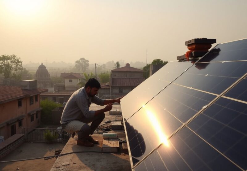 A_modest_rooftop_in_Bhujpar_with_40KW_solar_panels_an_Indian_technician_adjusting_a_panel_surrounded_by_a_quiet_village_with_traditional_homes_v1 {"prompt":"Envision a tranquil rooftop scene in Bhujpar, where a cluster of 40KW solar panels glimmers under the golden hues of the afternoon sun. An Indian technician, clad in casual work attire, is meticulously making adjustments to one of the panels, his focused expression highlighting the importance of sustainable energy. Surrounding him, a picturesque village unfolds, featuring traditional homes with earthy tones and terracotta roofs, their architecture steeped in cultural heritage. The ambiance is serene, with the gentle whispers of the wind and the distant sound of birds chirping, casting a warm sense of community and progress amidst the rural backdrop.nnA modest rooftop in Bhujpar with 40KW solar panels, an Indian technician adjusting a panel, surrounded by a quiet village with traditional homes.","originalPrompt":"A modest rooftop in Bhujpar with 40KW solar panels, an Indian technician adjusting a panel, surrounded by a quiet village with traditional homes.","width":1704,"height":960,"seed":961979,"model":"flux","enhance":true,"nologo":true,"negative_prompt":"worst quality, blurry","nofeed":false,"safe":true,"isMature":false,"isChild":false}