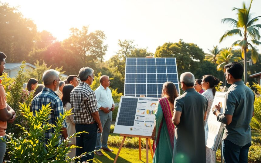 Educational_seminar_on_solar_energy_for_Indian_homeowners_v3 {"prompt":"A stunningly realistic depiction of an outdoor educational seminar focused on solar energy, tailored for homeowners in India. The scene is bathed in warm, natural sunlight that enhances the vibrant colors of the surroundings. A diverse group of Indian homeowners, both men and women of various ages, attentively gather around a central presentation area featuring modern solar panel installations. Lush greenery surrounds the setting, symbolizing a connection to nature and sustainability. The atmosphere is professional yet approachable, showcasing a corporate aesthetic that emphasizes environmental awareness. Engaging visuals and infographics about solar energy implementation are artistically displayed on nearby easels, conveying a sense of scale and practicality for homeowners looking to embrace renewable energy solutions in their lives.nnPhotorealistic commercial image of "Educational seminar on solar energy for Indian homeowners" in an outdoor setting with natural sunlight. Clean, corporate style emphasizing sustainable energy and environmental consciousness. Show scale and implementation.","originalPrompt":"Photorealistic commercial image of "Educational seminar on solar energy for Indian homeowners" in an outdoor setting with natural sunlight. Clean, corporate style emphasizing sustainable energy and environmental consciousness. Show scale and implementation.","width":1706,"height":960,"seed":174497,"model":"flux","enhance":true,"nologo":true,"negative_prompt":"worst quality, blurry","nofeed":false,"safe":true,"isMature":false,"isChild":false}