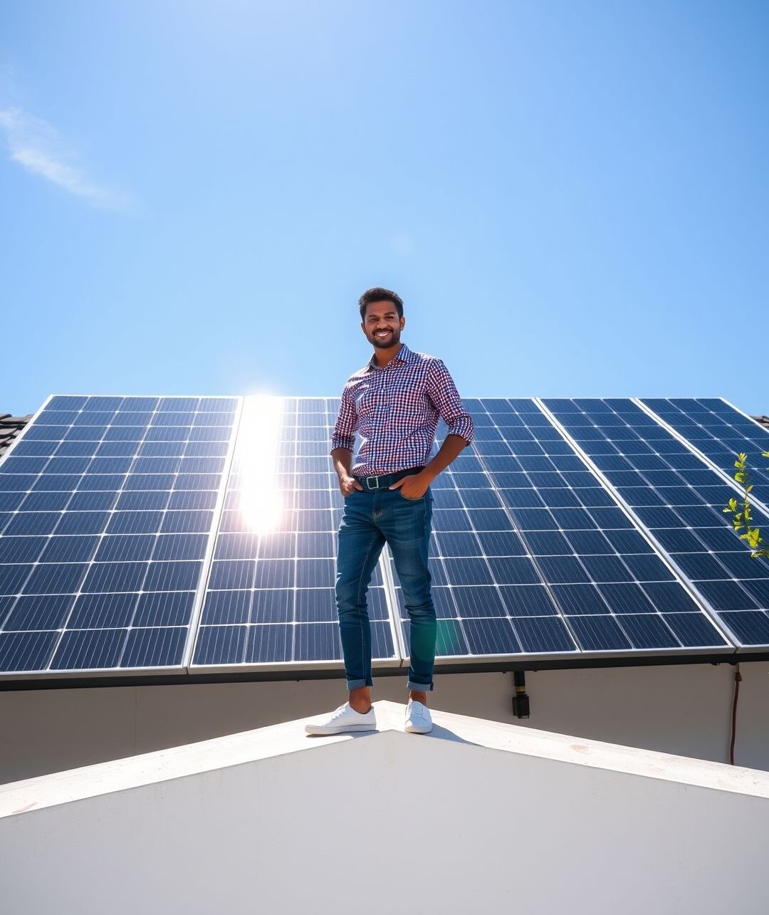 Happy_Indian_homeowner_with_a_newly_installed_rooftop_solar_system_v2 {"prompt":"A vibrant, high-resolution commercial photograph showcasing a beaming Indian homeowner proudly standing beside their newly installed rooftop solar panel system. The setting is a sunlit urban residence, with the clear blue sky overhead radiating energy and optimism. The intricate details of the sleek solar panels glisten under the natural light, emphasizing their engineering brilliance. The homeowner, dressed in casual modern attire, reflects a sense of achievement and comfort, encapsulating the positive impact of renewable energy. Soft shadows dance across the roof, accentuating the modern architecture of the home, while lush greenery in the background adds a refreshing touch to the scene, creating an atmosphere of sustainability and brightness.nnA professional, high-resolution commercial photograph of "Happy Indian homeowner with a newly installed rooftop solar system" for a solar energy company website. The image should be bright, optimistic, and modern with natural lighting. Focus on technical details and engineering excellence.","originalPrompt":"A professional, high-resolution commercial photograph of "Happy Indian homeowner with a newly installed rooftop solar system" for a solar energy company website. The image should be bright, optimistic, and modern with natural lighting. Focus on technical details and engineering excellence.","width":1080,"height":1350,"seed":439791,"model":"flux","enhance":true,"nologo":true,"negative_prompt":"worst quality, blurry","nofeed":false,"safe":true,"isMature":false,"isChild":false}