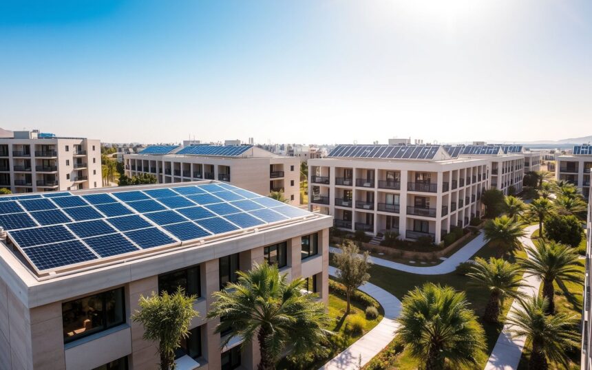 {"prompt":"A modern apartment complex in Anjar equipped with sleek, rooftop solar panels under a bright, clear sky. The buildings are surrounded by lush greenery and pathways, showcasing a sustainable urban living environment bathed in warm sunlight. The scene highlights eco-friendly energy solutions integrated into contemporary residential architecture, with a vibrant blue sky and soft shadows enhancing the clean, innovative atmosphere.nnSolar for Apartments in Anjar","originalPrompt":"Solar for Apartments in Anjar","width":1704,"height":960,"seed":925351,"model":"flux","enhance":true,"nologo":true,"negative_prompt":"worst quality, blurry","nofeed":false,"safe":true,"quality":"medium","image":[],"isMature":false,"isChild":false}