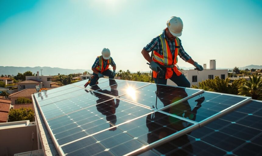 {"prompt":"A detailed depiction of the solar panel installation process taking place in a sunny residential area of Anjar. The scene focuses on skilled technicians carefully mounting sleek photovoltaic panels onto a modern rooftop under a bright blue sky. Vibrant sunlight casts dynamic shadows, highlighting the shiny surfaces of the solar modules. In the background, local architecture and lush greenery reflect the regional environment, while workers use specialized tools and safety gear to ensure precision and security. The mood conveys innovation and sustainable progress in a bustling community setting.nnSolar Installation Process in Anjar","originalPrompt":"Solar Installation Process in Anjar","width":1704,"height":960,"seed":726030,"model":"flux","enhance":true,"nologo":true,"negative_prompt":"worst quality, blurry","nofeed":false,"safe":true,"quality":"medium","image":[],"isMature":false,"isChild":false}