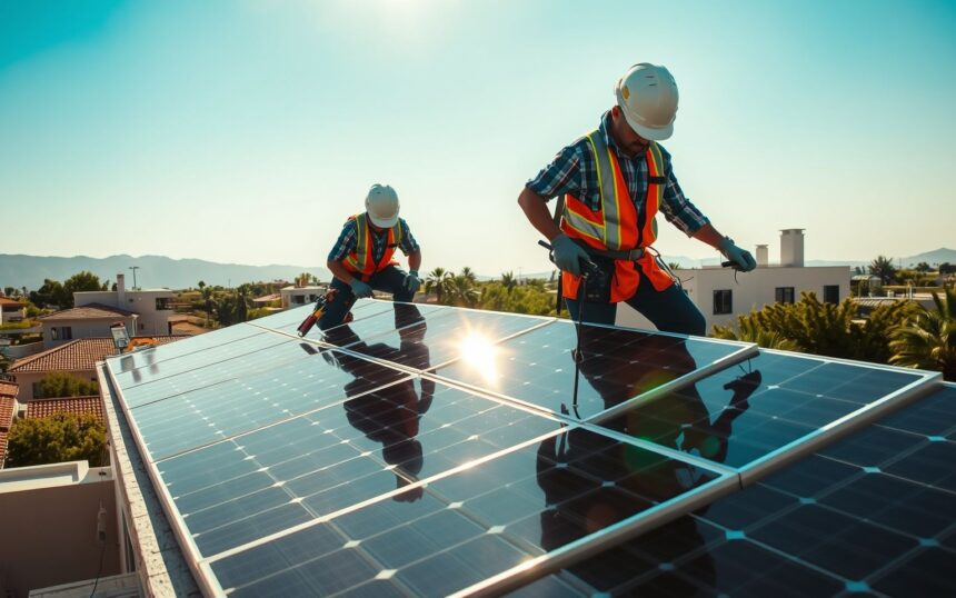 {"prompt":"A detailed depiction of the solar panel installation process taking place in a sunny residential area of Anjar. The scene focuses on skilled technicians carefully mounting sleek photovoltaic panels onto a modern rooftop under a bright blue sky. Vibrant sunlight casts dynamic shadows, highlighting the shiny surfaces of the solar modules. In the background, local architecture and lush greenery reflect the regional environment, while workers use specialized tools and safety gear to ensure precision and security. The mood conveys innovation and sustainable progress in a bustling community setting.nnSolar Installation Process in Anjar","originalPrompt":"Solar Installation Process in Anjar","width":1704,"height":960,"seed":726030,"model":"flux","enhance":true,"nologo":true,"negative_prompt":"worst quality, blurry","nofeed":false,"safe":true,"quality":"medium","image":[],"isMature":false,"isChild":false}