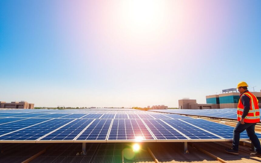{"prompt":"A professional solar energy installation company operating in Mundra, showcasing a reliable and trusted solar EPC (Engineering, Procurement, and Construction) service. The image features solar panels brilliantly arranged on rooftops under a bright, clear blue sky with the sun shining intensely. The scene portrays a clean, sustainable energy environment with engineers in safety gear inspecting the solar array, emphasizing precision and expertise. The setting includes modern industrial buildings in the background, reflecting Mundra's industrial landscape. Warm daylight enhances the scene, conveying trustworthiness and eco-friendly innovation in solar power solutions.nnTrusted Solar EPC in Mundra","originalPrompt":"Trusted Solar EPC in Mundra","width":1704,"height":960,"seed":271614,"model":"flux","enhance":true,"nologo":true,"negative_prompt":"worst quality, blurry","nofeed":false,"safe":true,"quality":"medium","image":[],"isMature":false,"isChild":false}